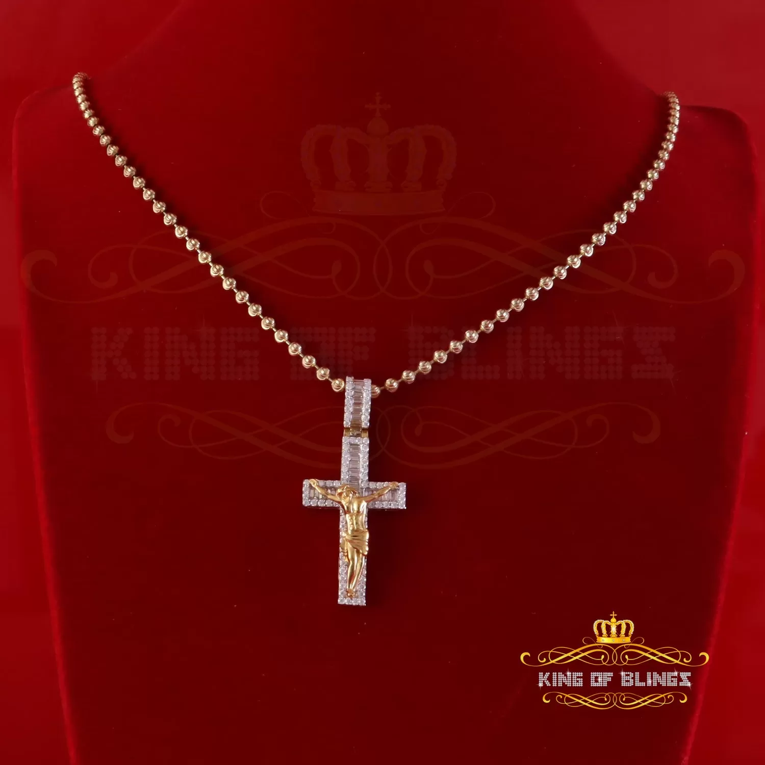 King Of Bling's Yellow Silver 2.25ct VVS D Clr. Moissanite Baguette Jesus Cross Pendant Women's