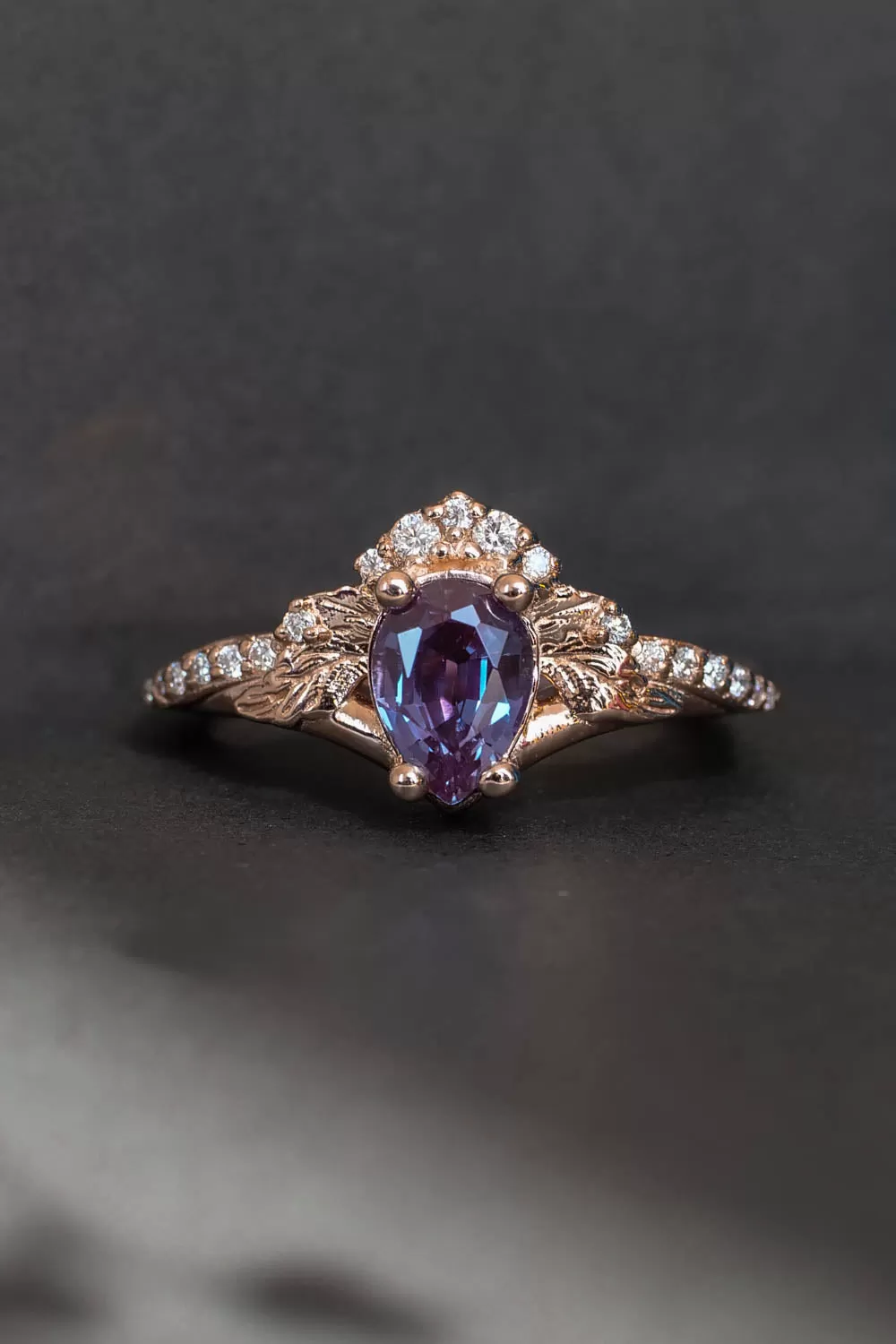 Lab alexandrite engagement ring set, rose gold, pear cut / Amelia