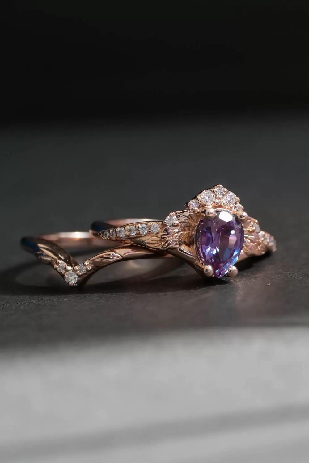 Lab alexandrite engagement ring set, rose gold, pear cut / Amelia