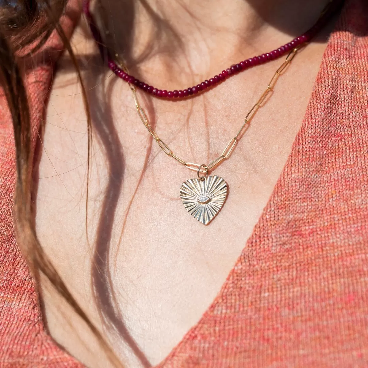 Large Textured Heart Pendant with Marquise Diamond Center