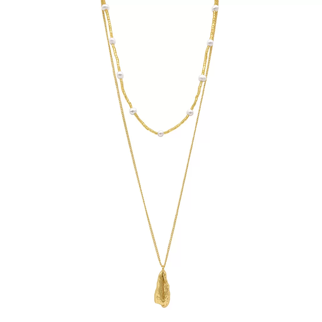 Layered Pendant and Pearl Bead Necklace gold