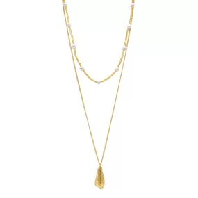 Layered Pendant and Pearl Bead Necklace gold