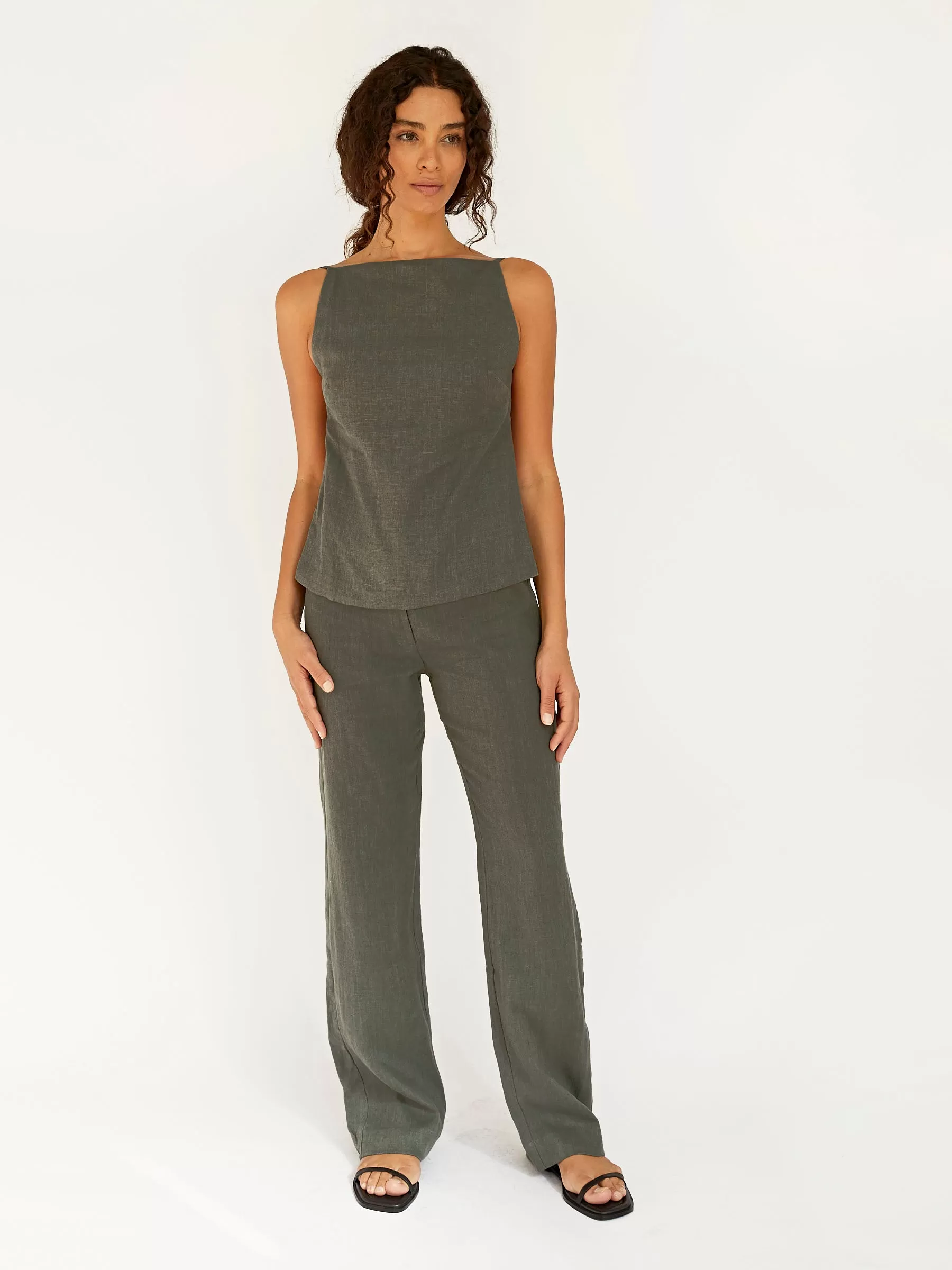 Linen Mid Rise Straight Pants