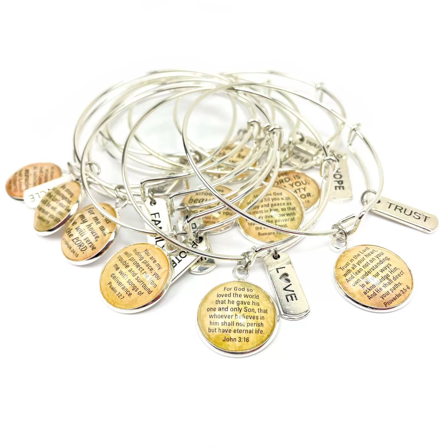 Love and Scripture Charm Bangle Bracelet - John 3:16 Word Scripture Christian Affirmations Jewelry, Silver