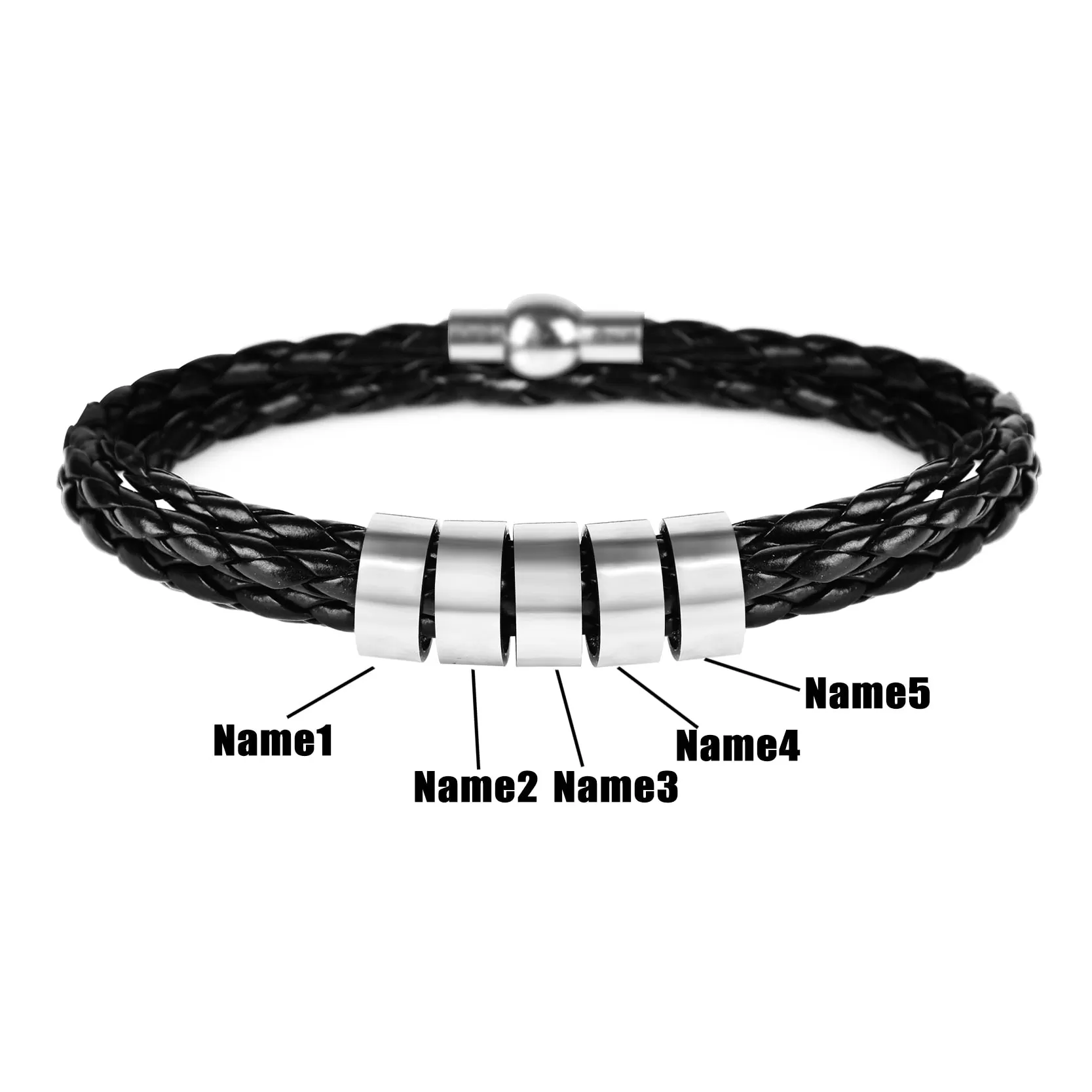 Men’s Braided Leather and Stainless Steel Custom Name Beads Bracelet