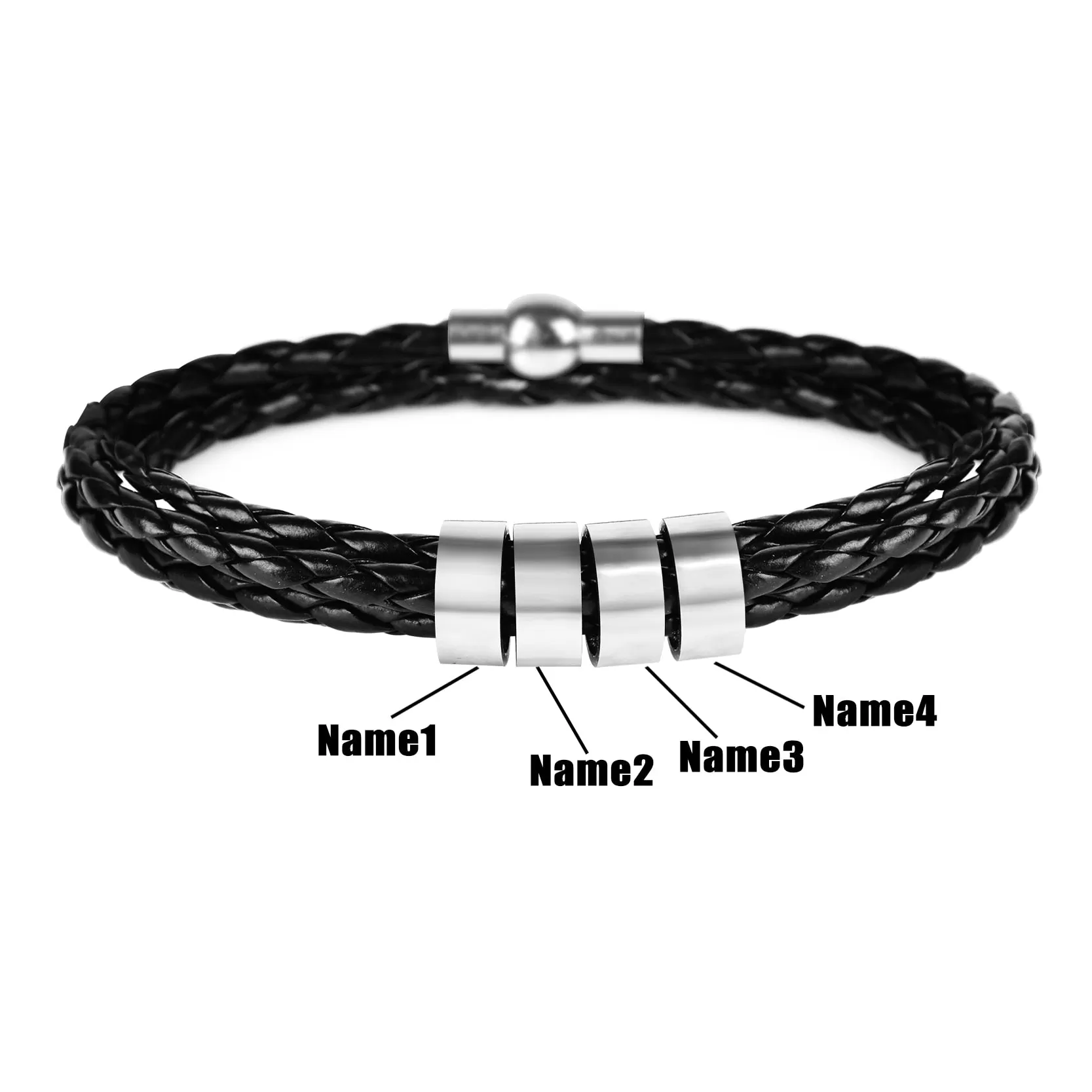 Men’s Braided Leather and Stainless Steel Custom Name Beads Bracelet