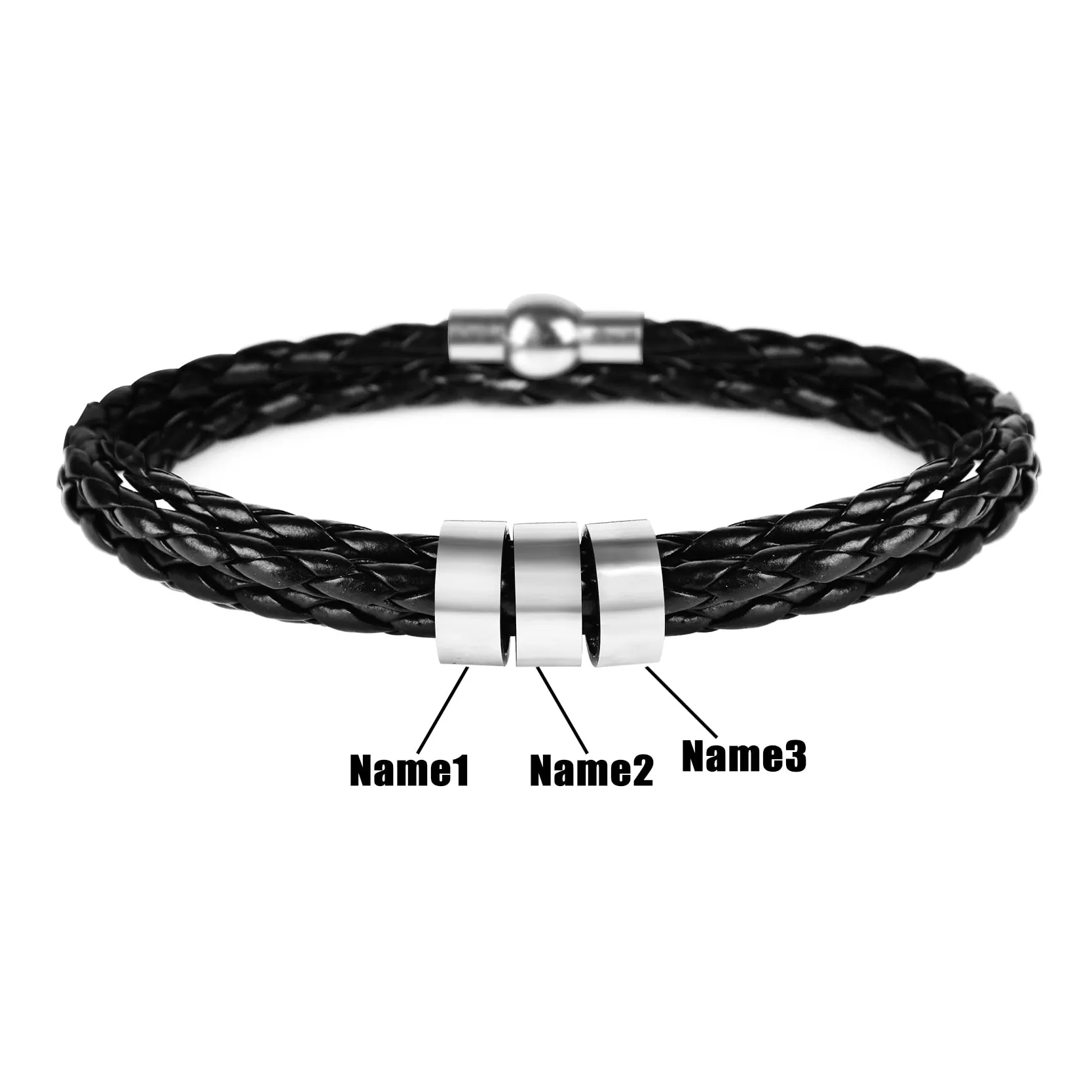 Men’s Braided Leather and Stainless Steel Custom Name Beads Bracelet