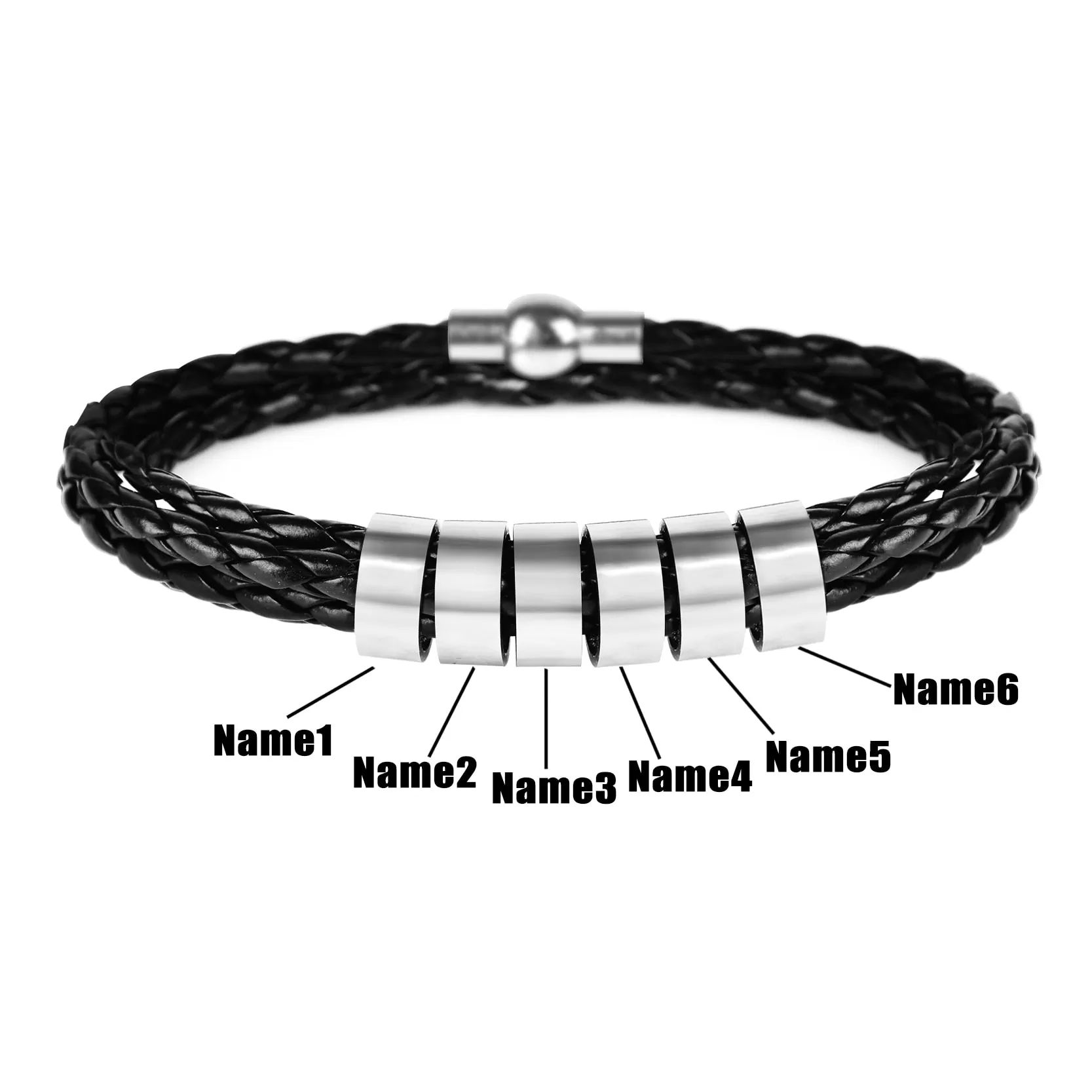 Men’s Braided Leather and Stainless Steel Custom Name Beads Bracelet