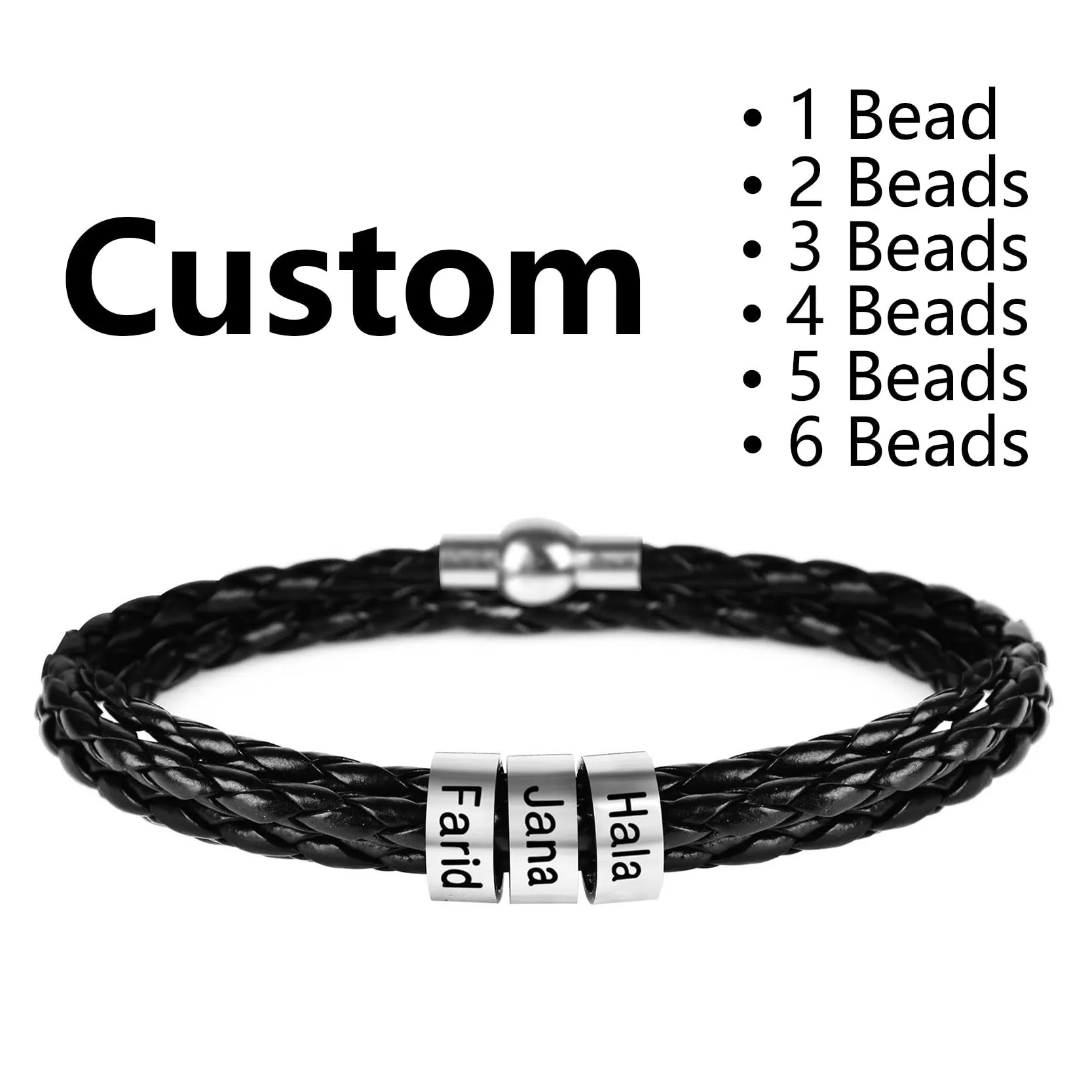 Men’s Braided Leather and Stainless Steel Custom Name Beads Bracelet