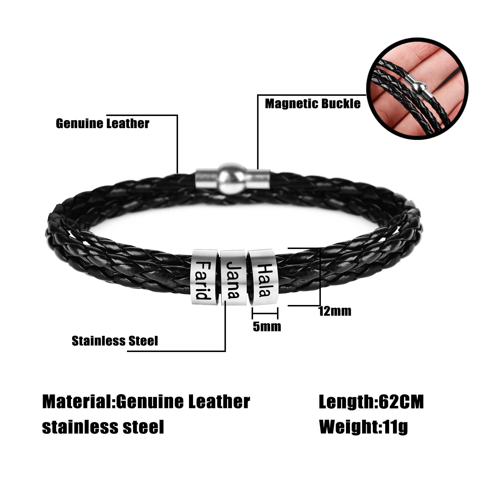 Men’s Braided Leather and Stainless Steel Custom Name Beads Bracelet