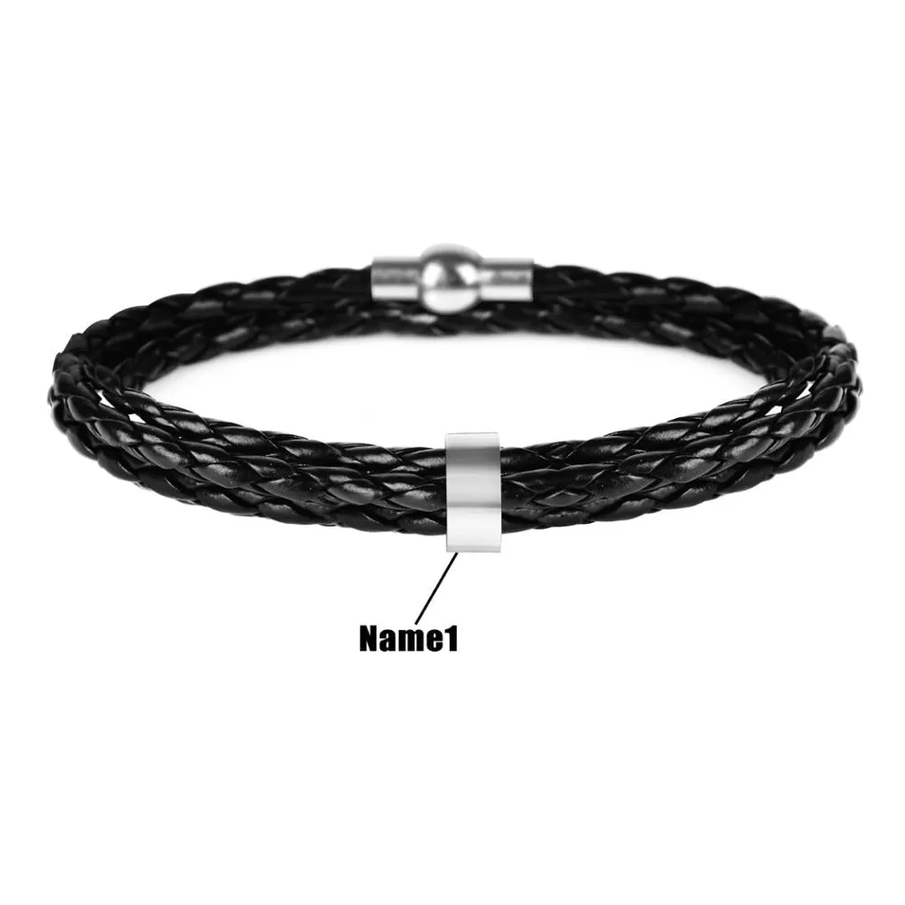 Men’s Braided Leather and Stainless Steel Custom Name Beads Bracelet