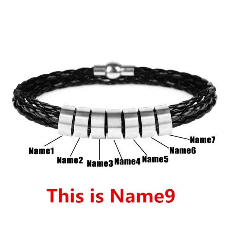 Men’s Braided Leather and Stainless Steel Custom Name Beads Bracelet