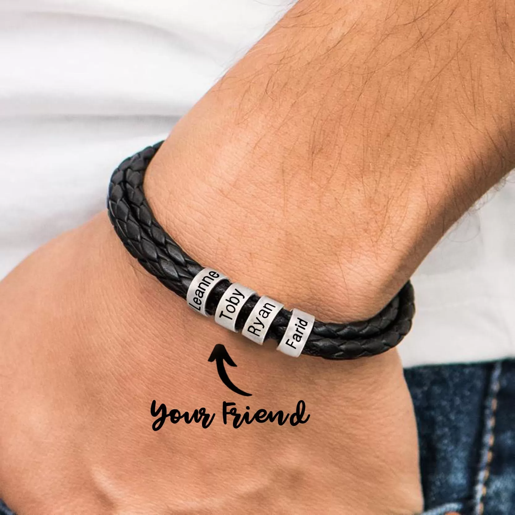 Men’s Braided Leather and Stainless Steel Custom Name Beads Bracelet