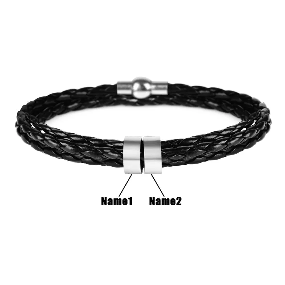 Men’s Braided Leather and Stainless Steel Custom Name Beads Bracelet