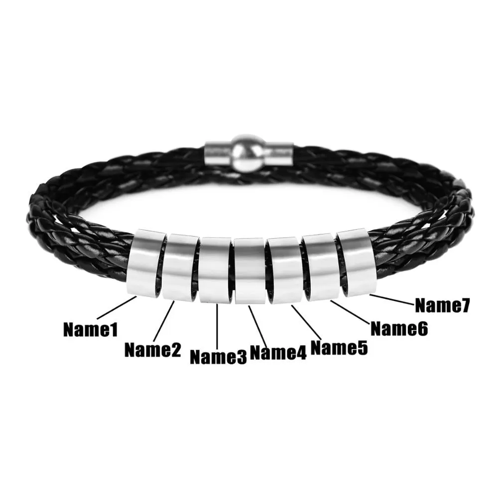 Men’s Braided Leather and Stainless Steel Custom Name Beads Bracelet