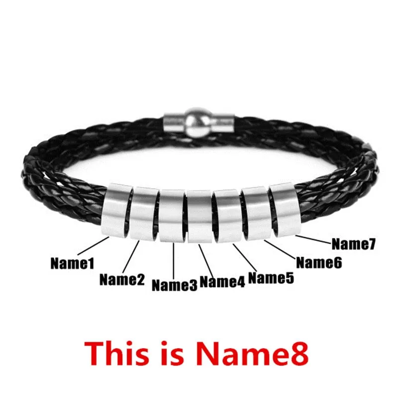 Men’s Braided Leather and Stainless Steel Custom Name Beads Bracelet