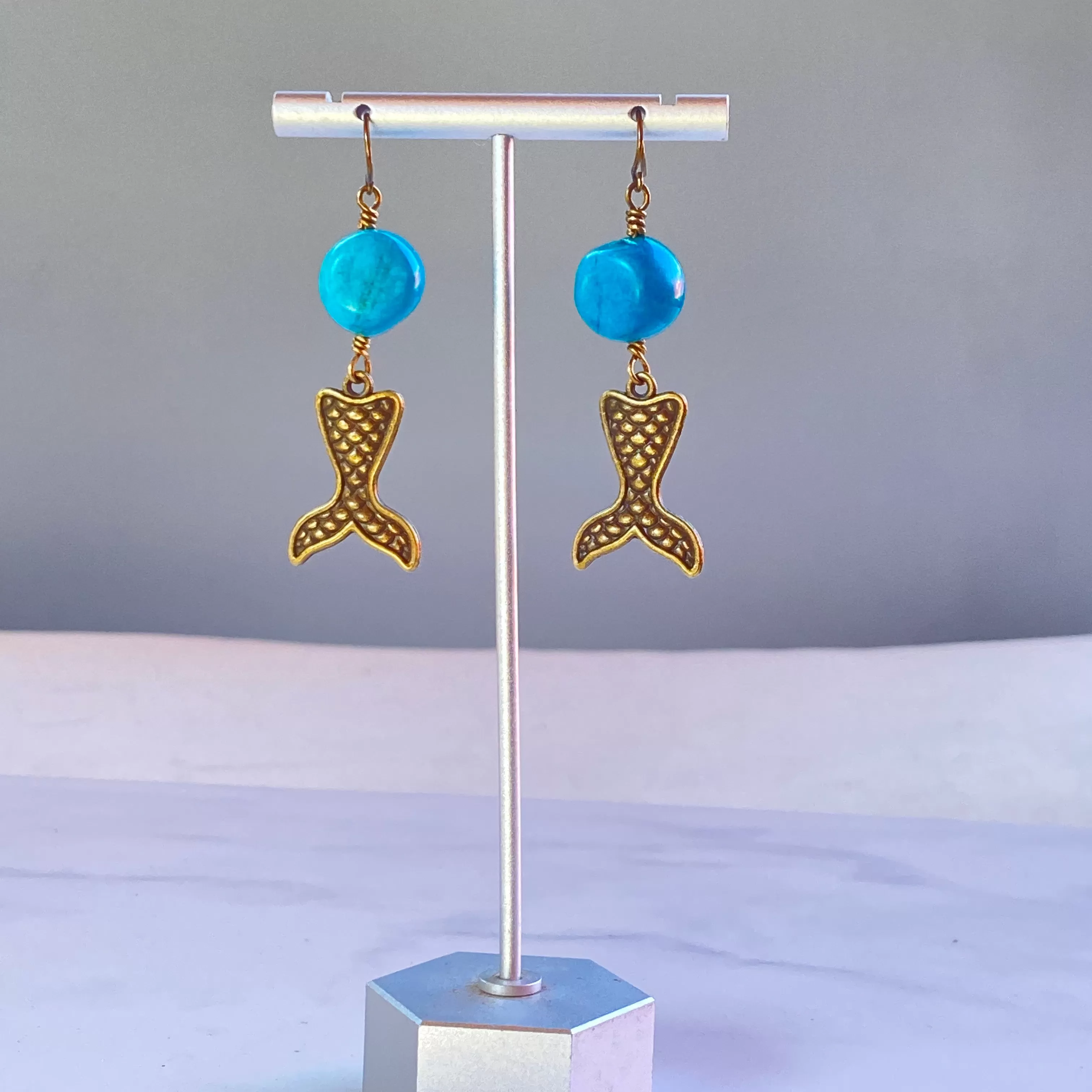 Mermaid and Turquoise gemstone Dangle Drop Mermaid Tail Earrings