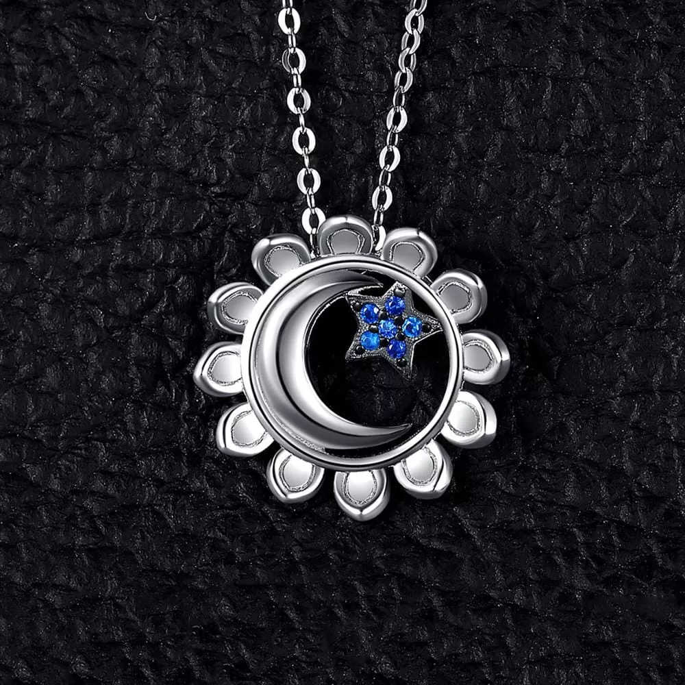 Moon Star Sunflower Pendant - 925 Sterling Silver ( No Chain )