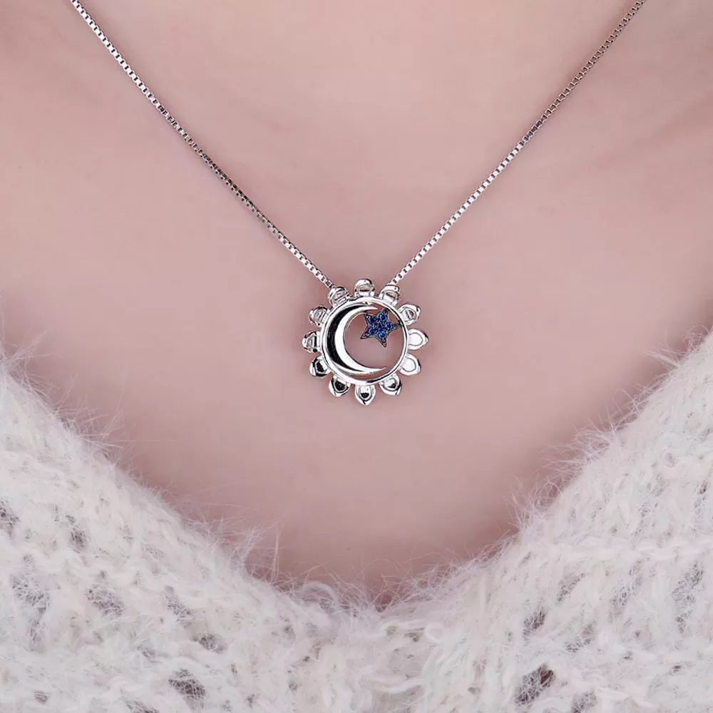 Moon Star Sunflower Pendant - 925 Sterling Silver ( No Chain )