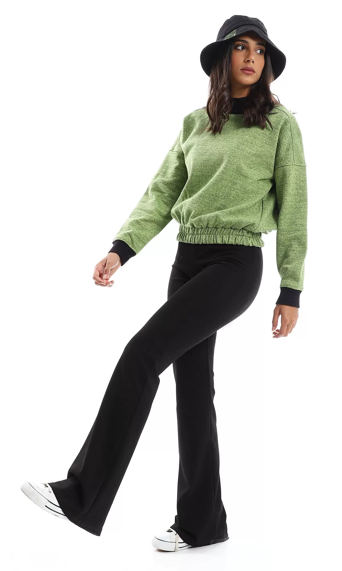 O155699 Cropped Fleece Green Sweatshirt With High Neck