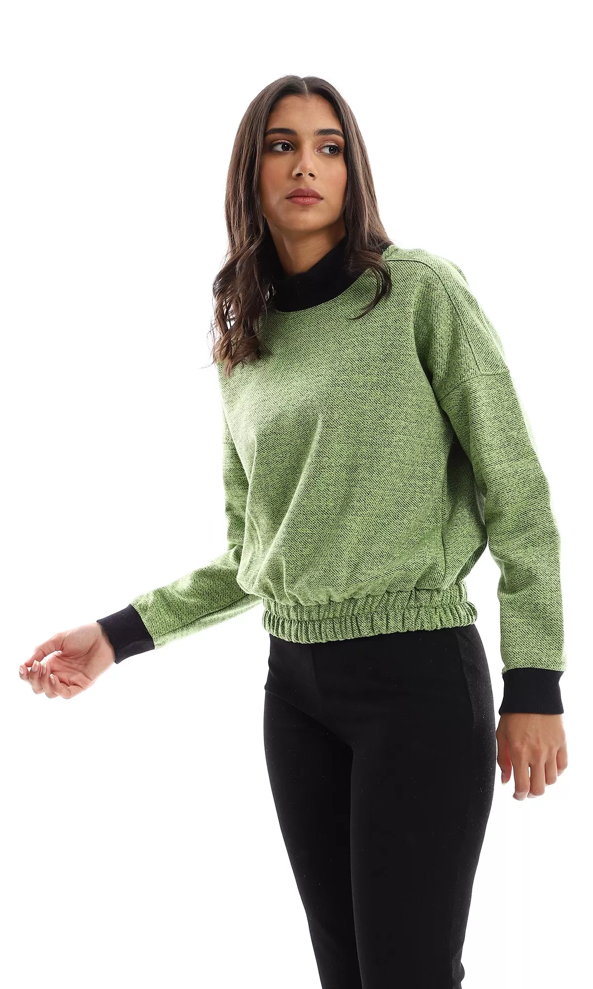 O155699 Cropped Fleece Green Sweatshirt With High Neck