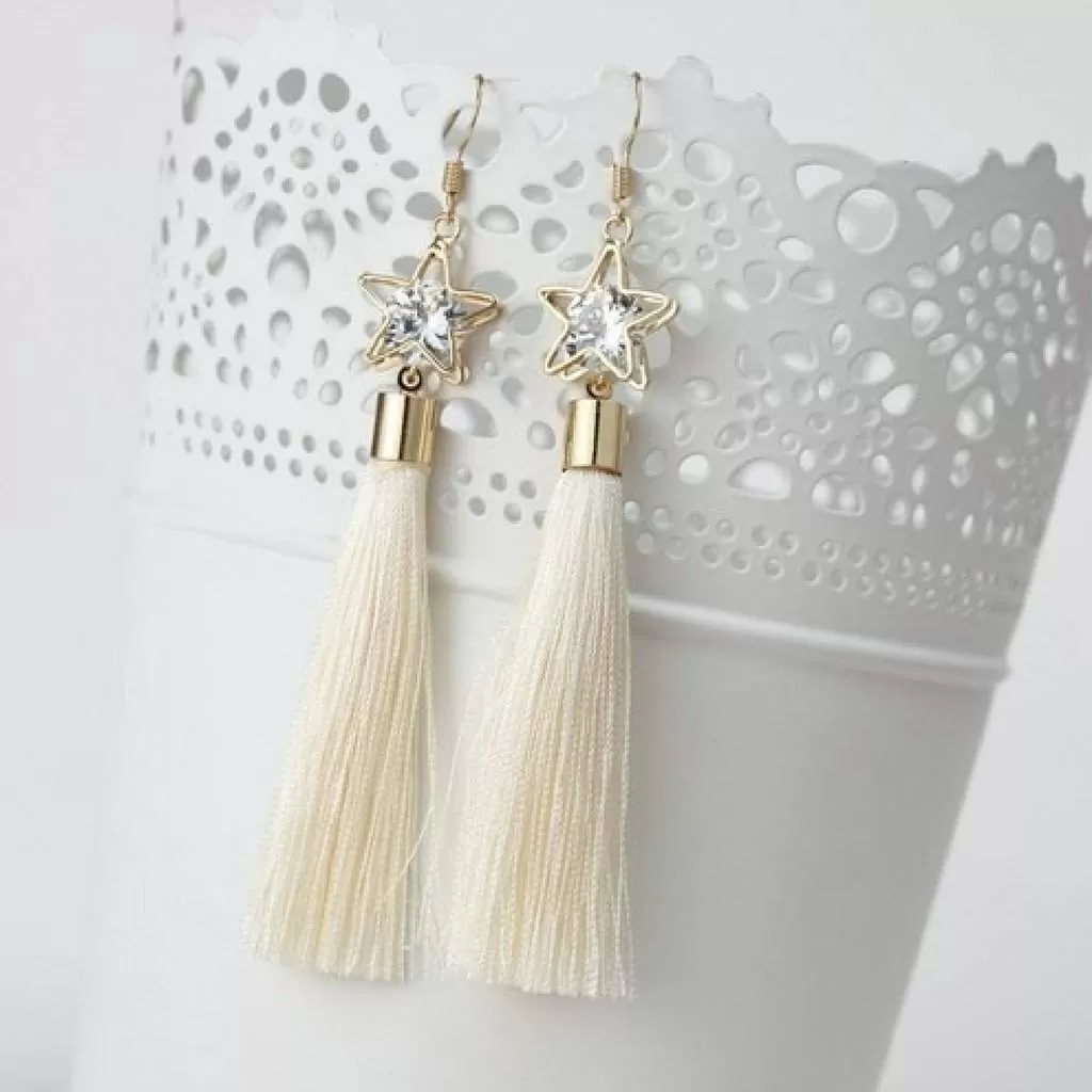 Off White Tassel Earrings with Gold Star and Crystal