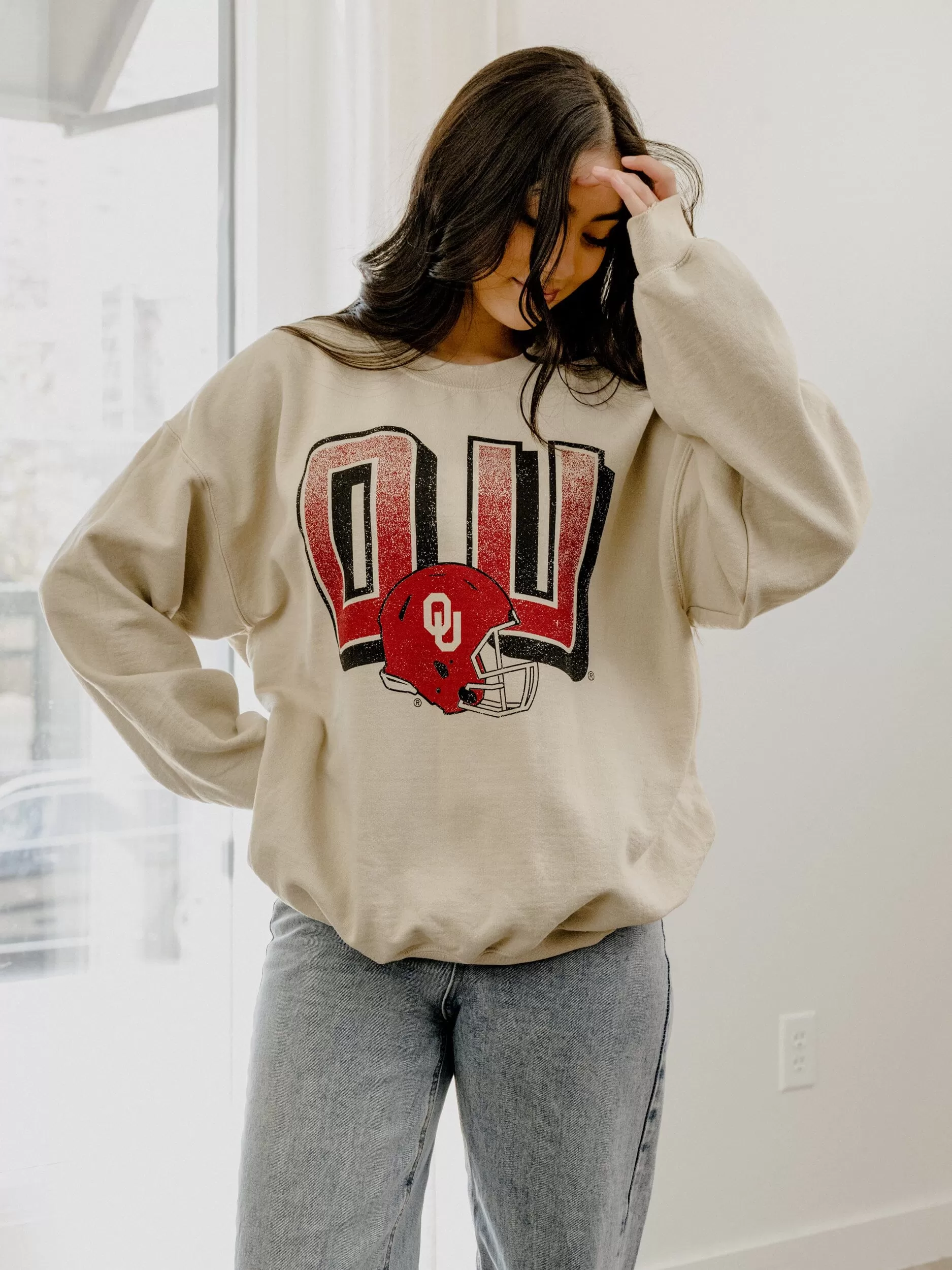 OU Sooners Helmet Fade Sand Thrifted Sweatshirt