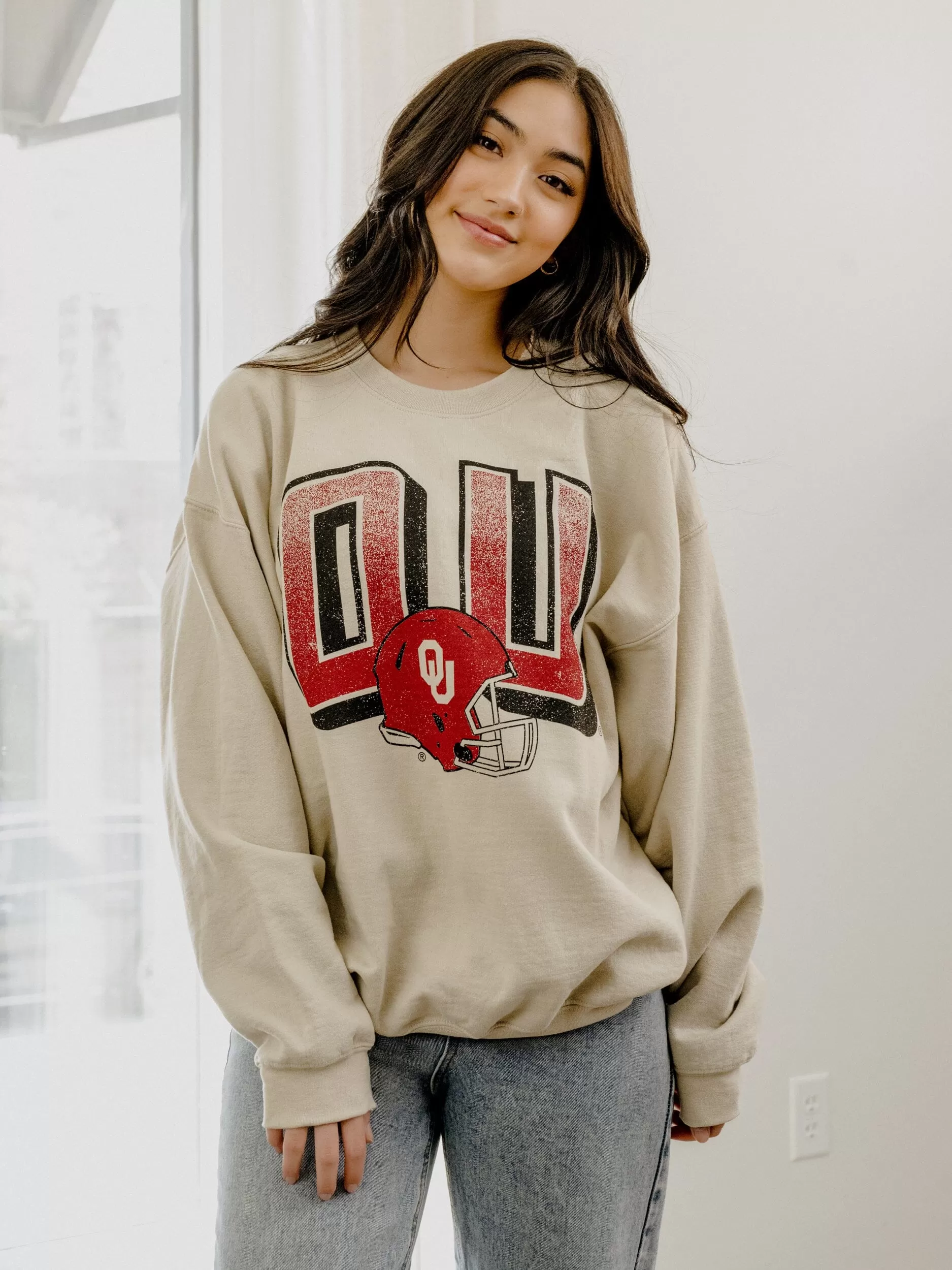 OU Sooners Helmet Fade Sand Thrifted Sweatshirt