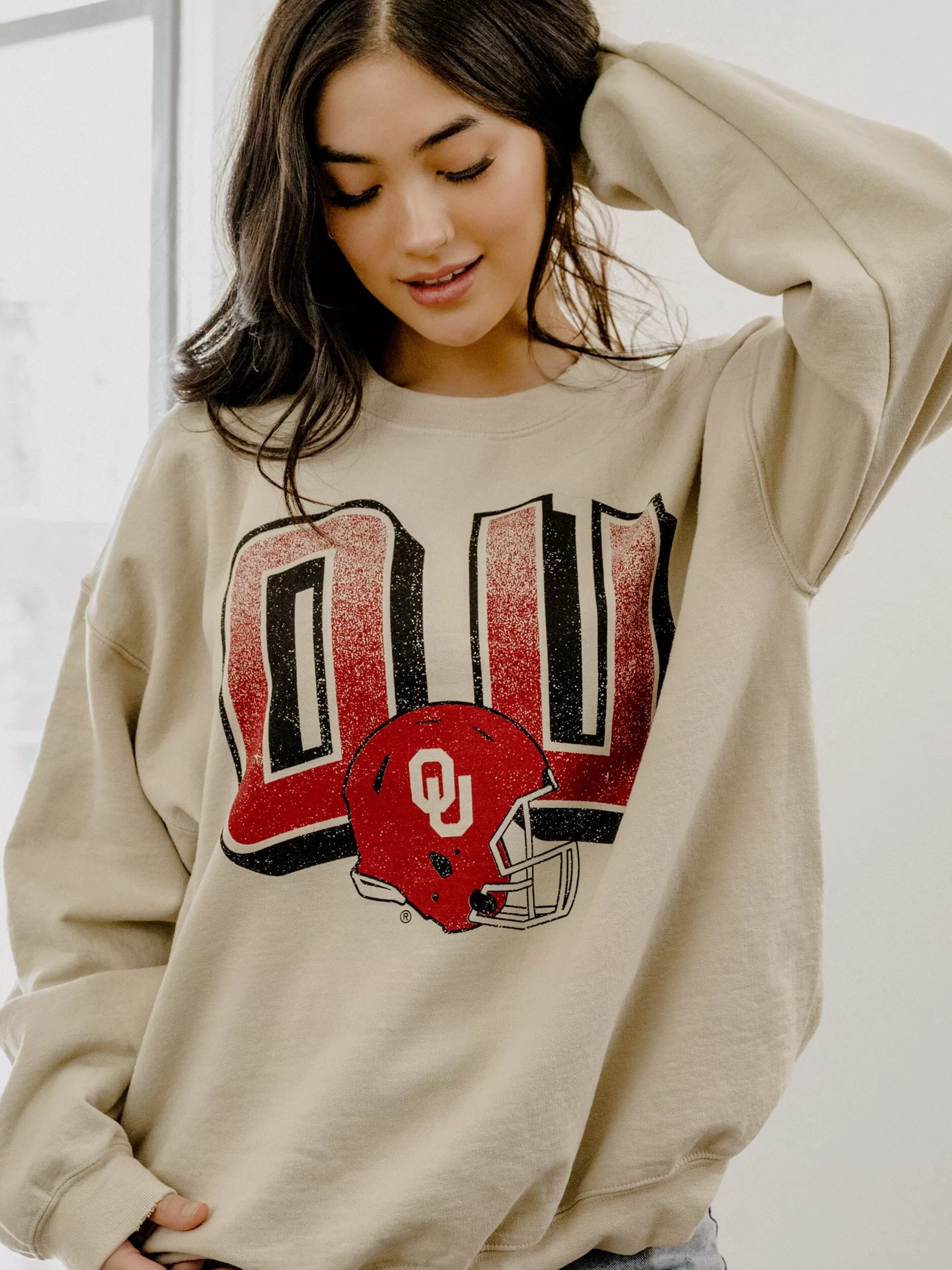 OU Sooners Helmet Fade Sand Thrifted Sweatshirt