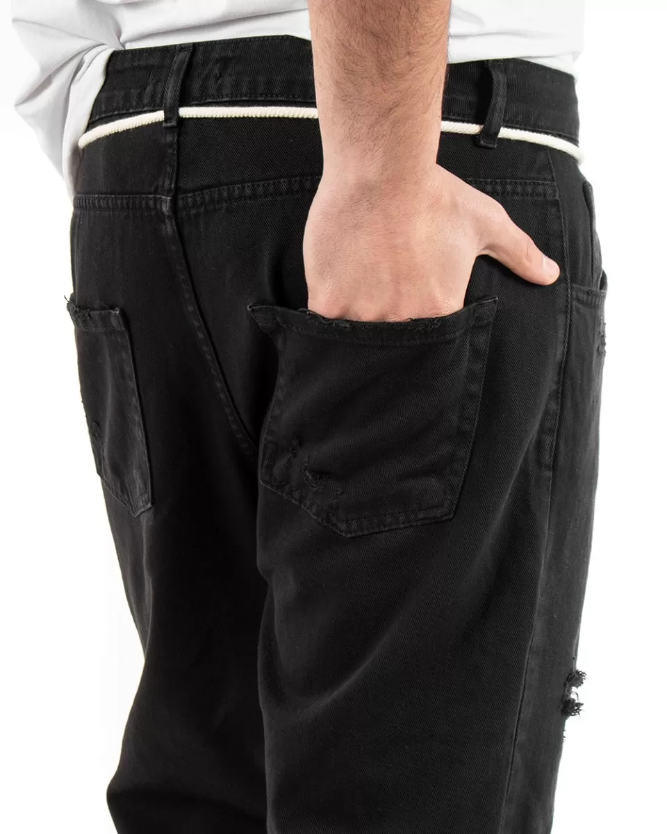 Pantaloni Uomo Jeans Cinque Tasche Nero Rotture Taglio Al Ginocchio GIOSAL-P5084A