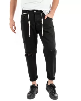 Pantaloni Uomo Jeans Cinque Tasche Nero Rotture Taglio Al Ginocchio GIOSAL-P5084A