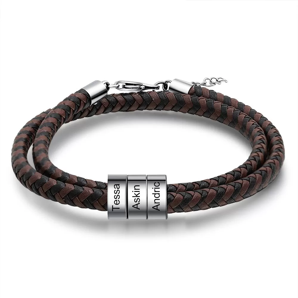 Personalized 3 Names Engraving Braided Leather Bracelet