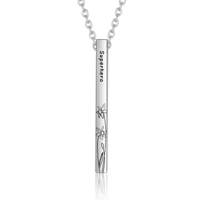 Personalized 4 Side Name Engraved Birth Month Flower Pendant Custom Steel Black Gold Color Stainless Steel Vertical Bar Necklace