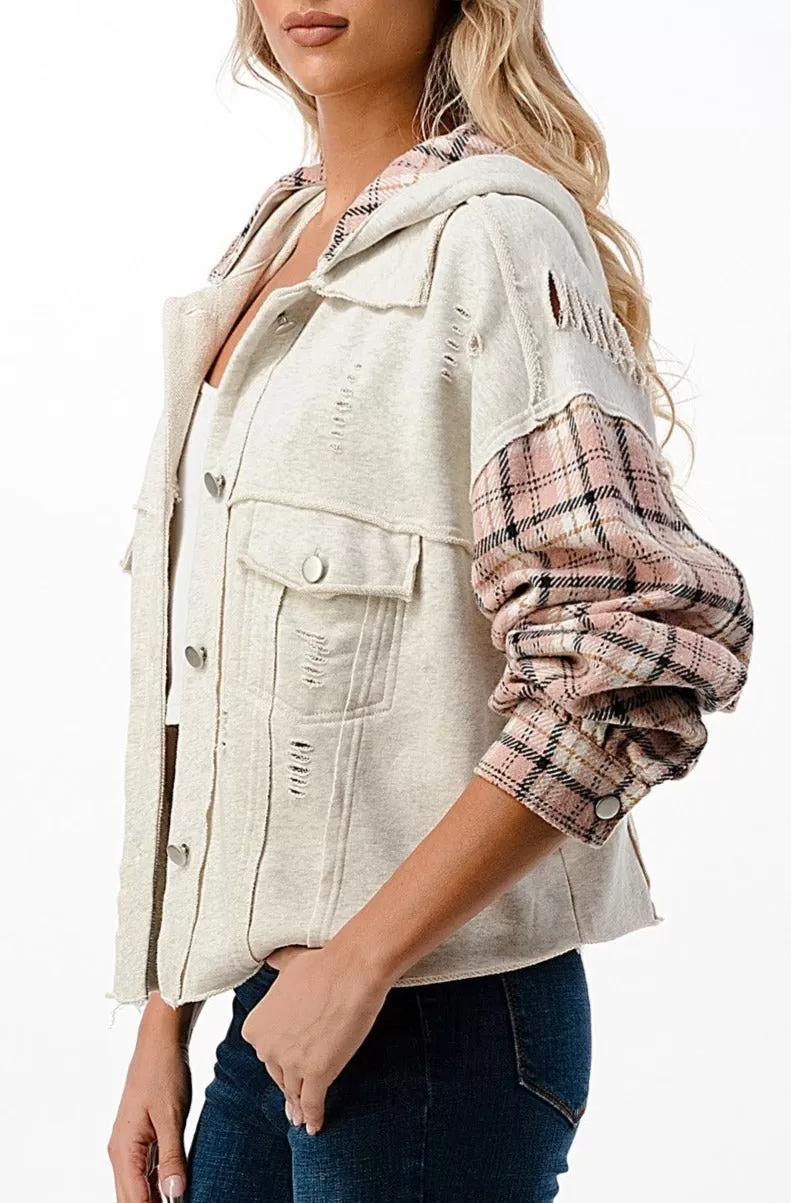 Plaid Knit Hooded Jacket