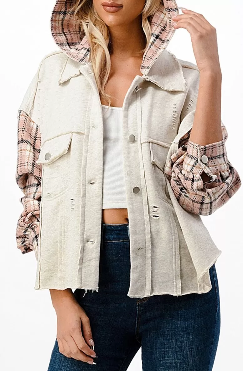 Plaid Knit Hooded Jacket