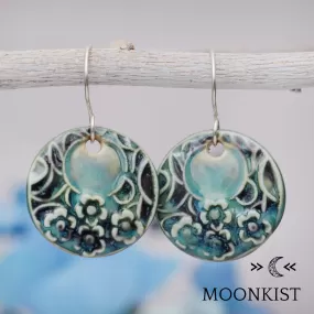 Round Teal Floral Ceramic Earrings | Moonkist Designs