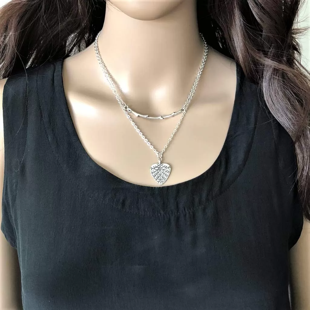 Silver Layered Branch and Heart Leaf Necklace