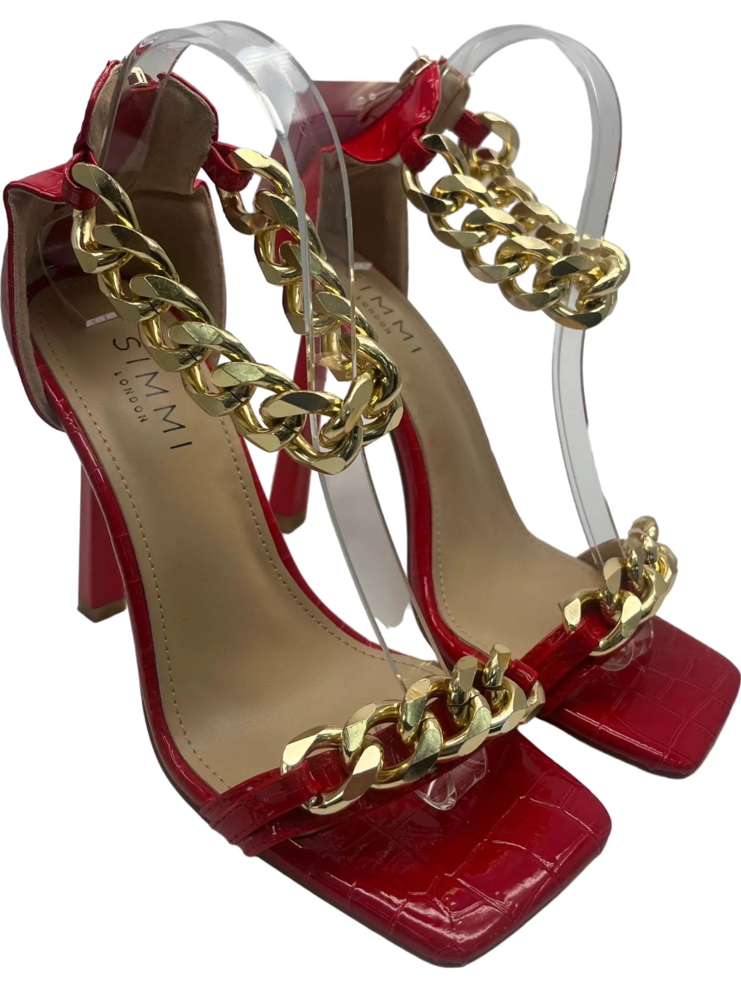 SIMMI LONDON Red Croc Effect High Heel Sandals with Gold Chain Detail UK 5