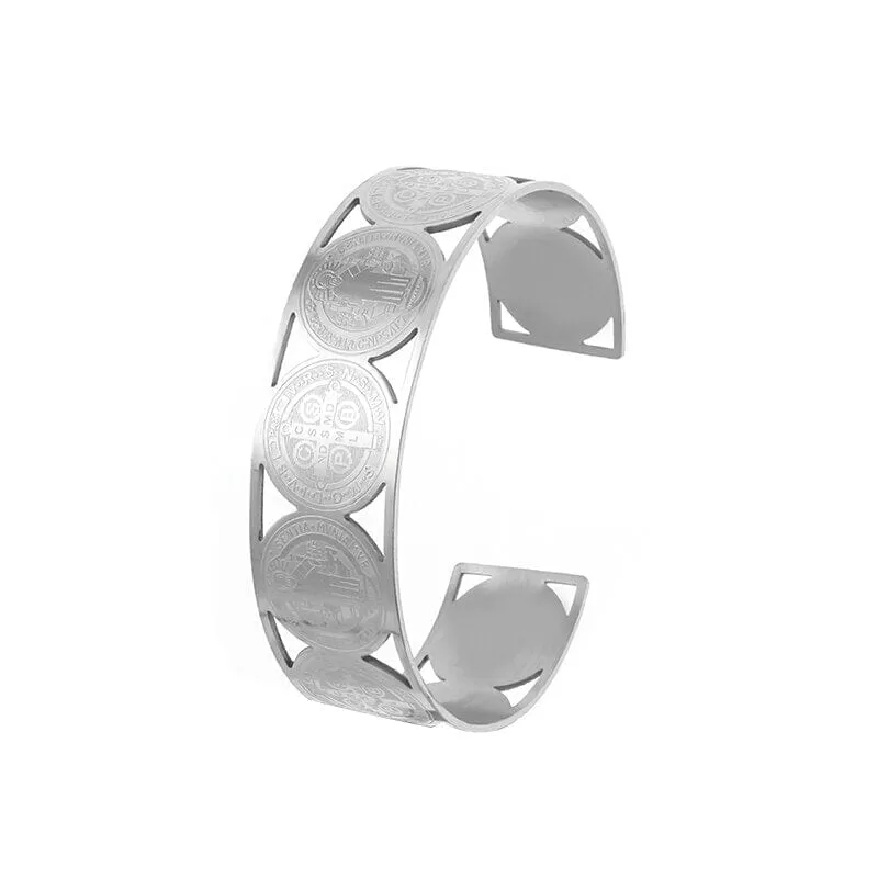 Stainless Steel Saint Benedict WWJD Adjustable Cuff Bracelet