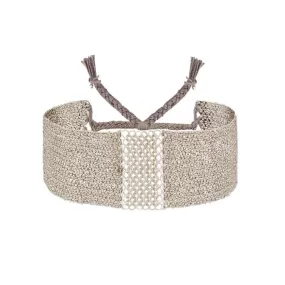 Sterling Silver & White Silk Woven Mesh Chain Wide Bracelet