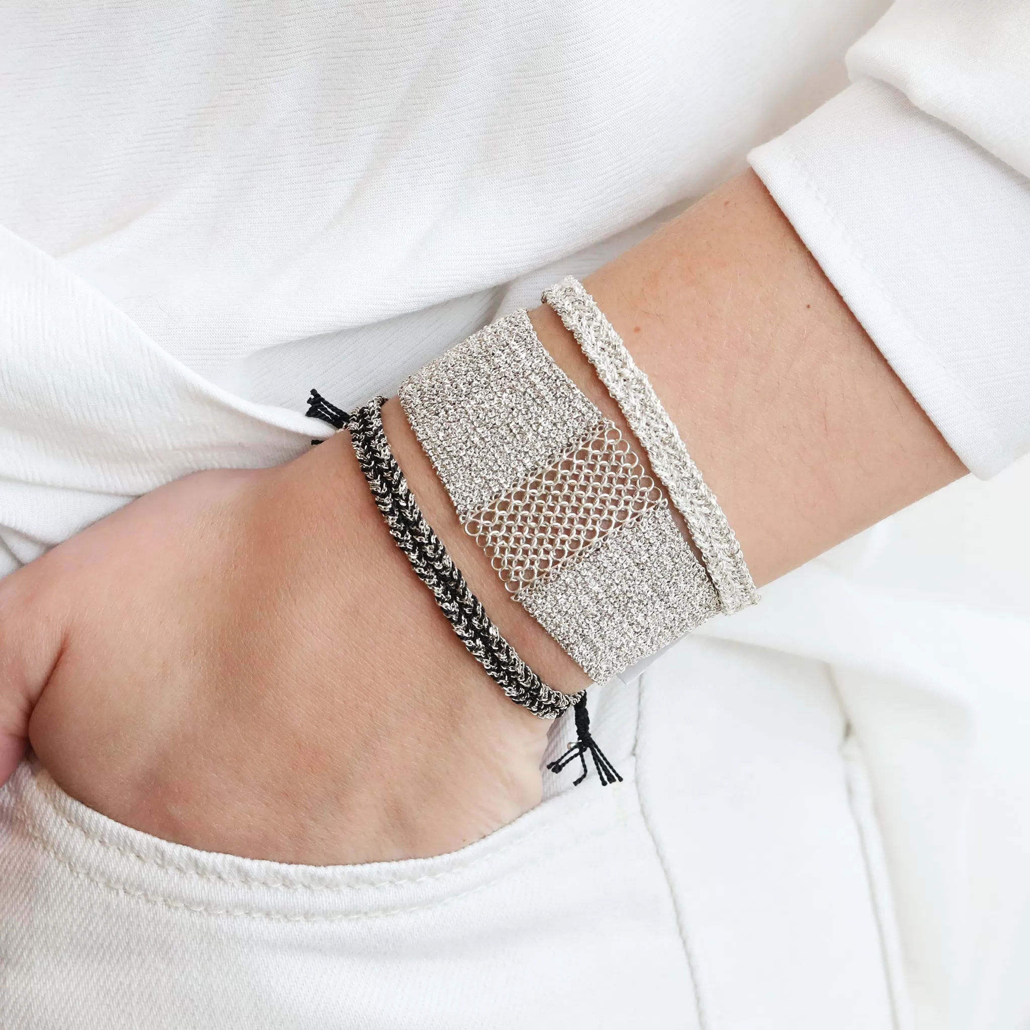 Sterling Silver & White Silk Woven Mesh Chain Wide Bracelet