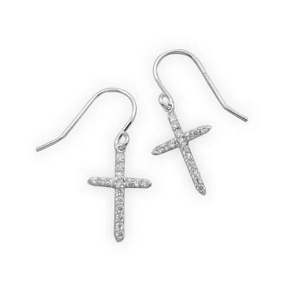 Sterling Silver and CZ Cross Drop Earrings