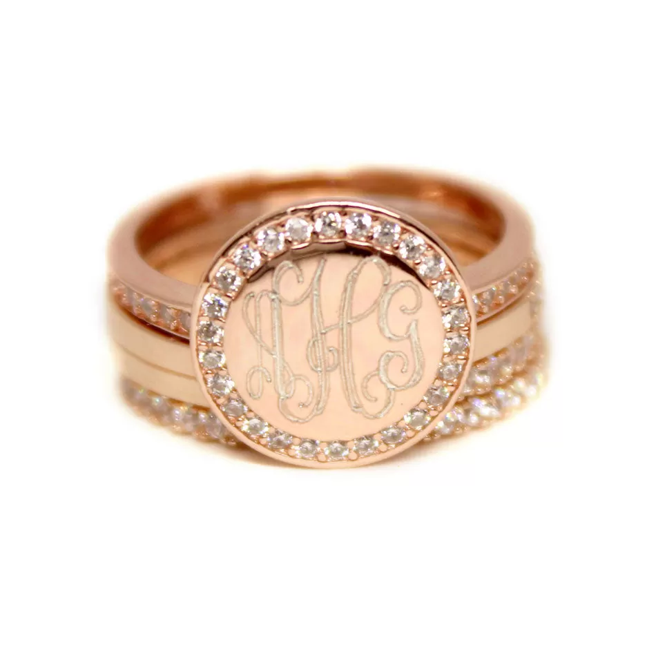 Sterling Silver CZ Rimmed Monogram Stacking Ring