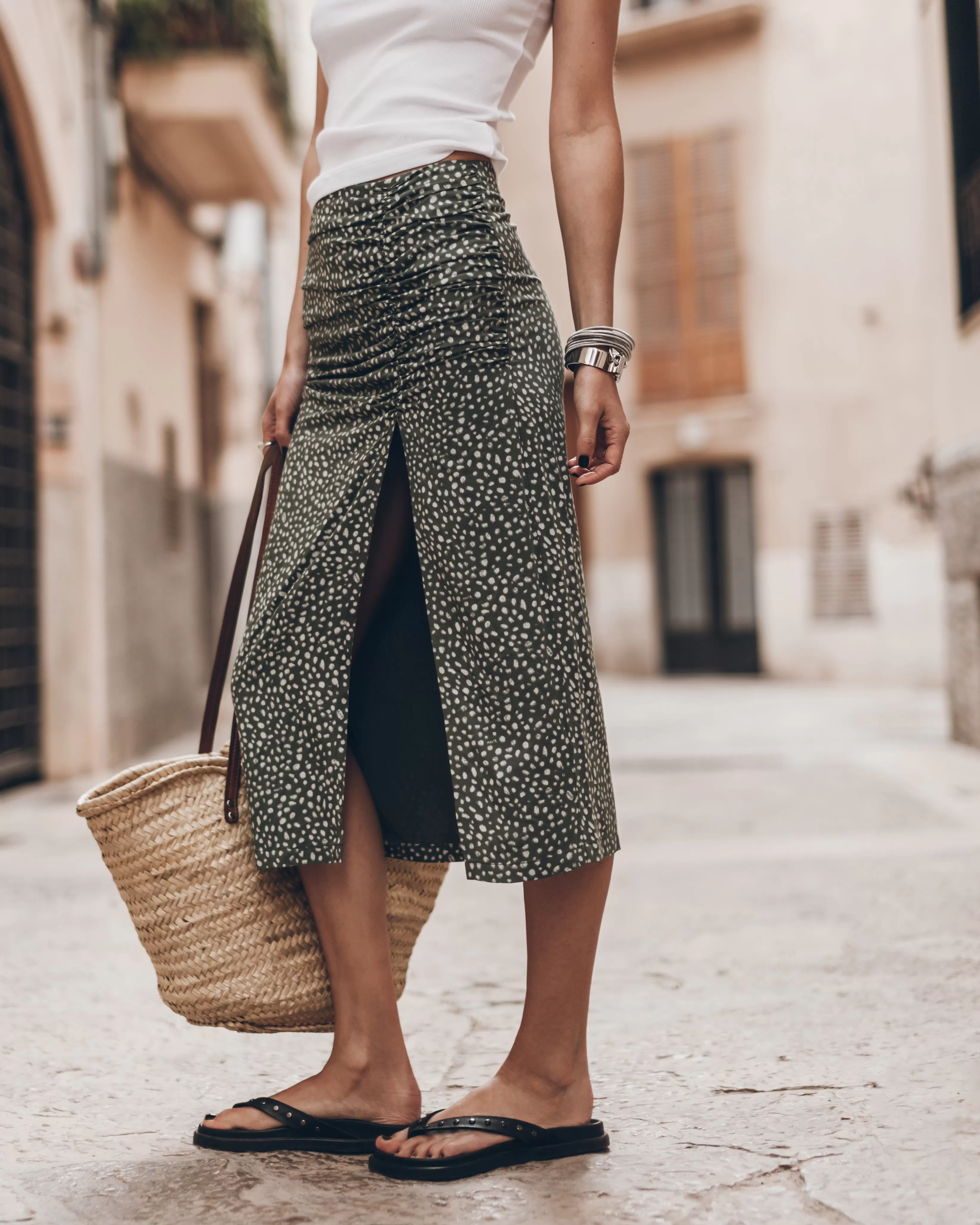 The Green Dotted Long Slit Skirt