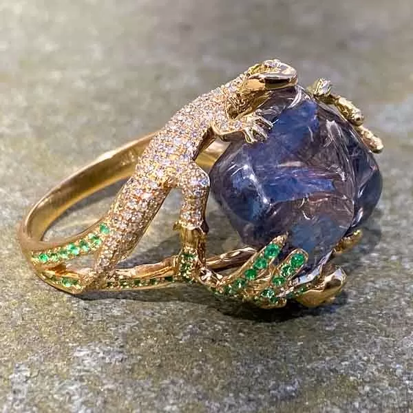 Tumbled Sapphire, Diamond, Emerald & Yellow Diamond Ring