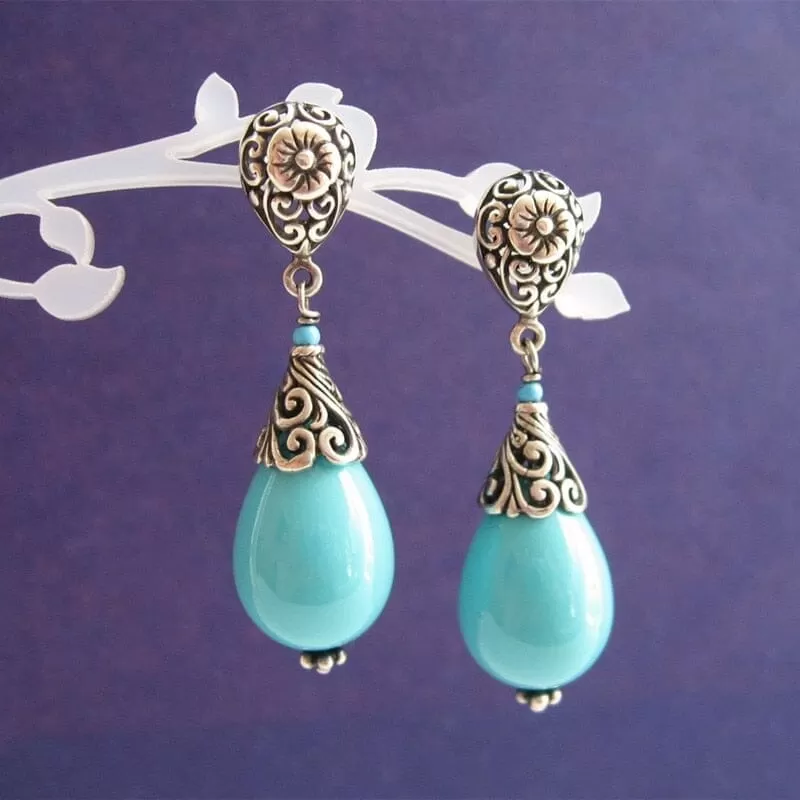 Vintage Metal Hand Carved Flower Pattern Turquoise Stone Drop Earrings