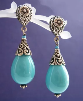 Vintage Metal Hand Carved Flower Pattern Turquoise Stone Drop Earrings