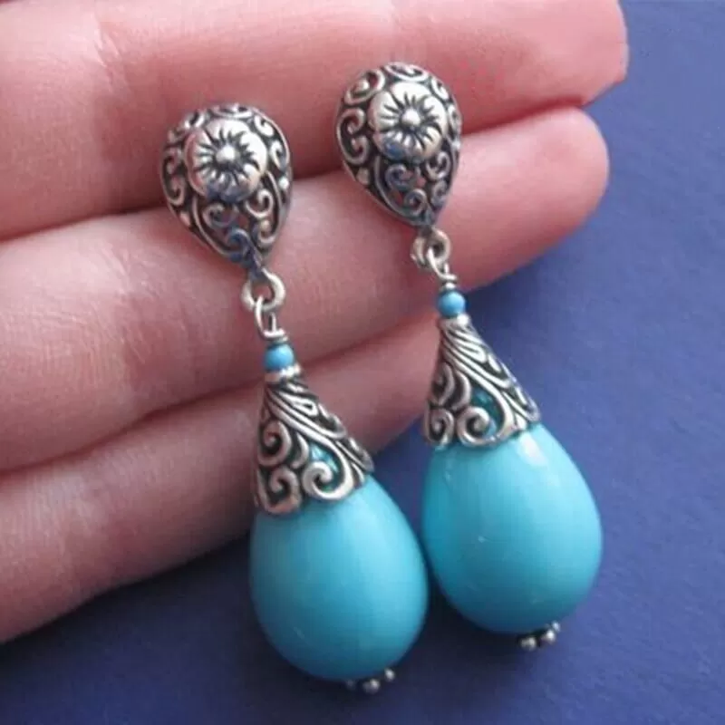 Vintage Metal Hand Carved Flower Pattern Turquoise Stone Drop Earrings