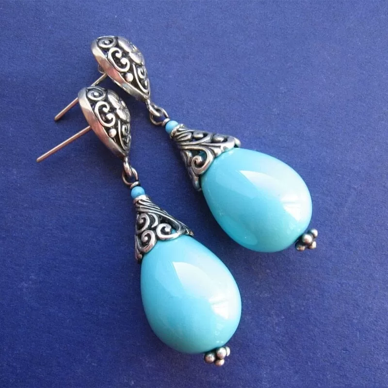 Vintage Metal Hand Carved Flower Pattern Turquoise Stone Drop Earrings