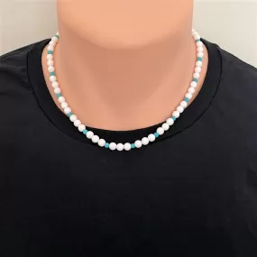 White Czech and Turquoise Mens Beaded Necklace